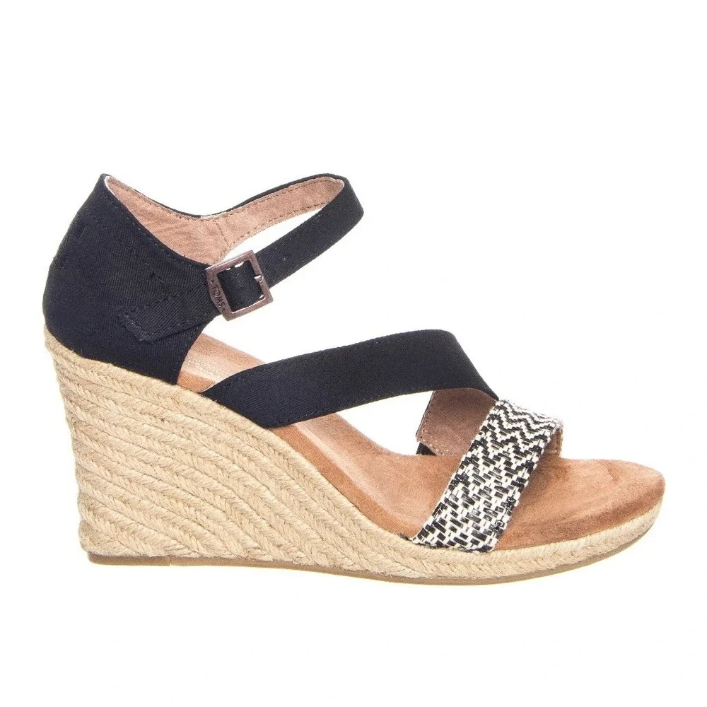 TOMS Womens Rope Clarissa Wedge Shoe  Black White Natural Sandal Espadrilles 5.5